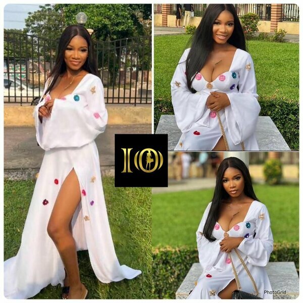 Robe blanche à manches larges et perles