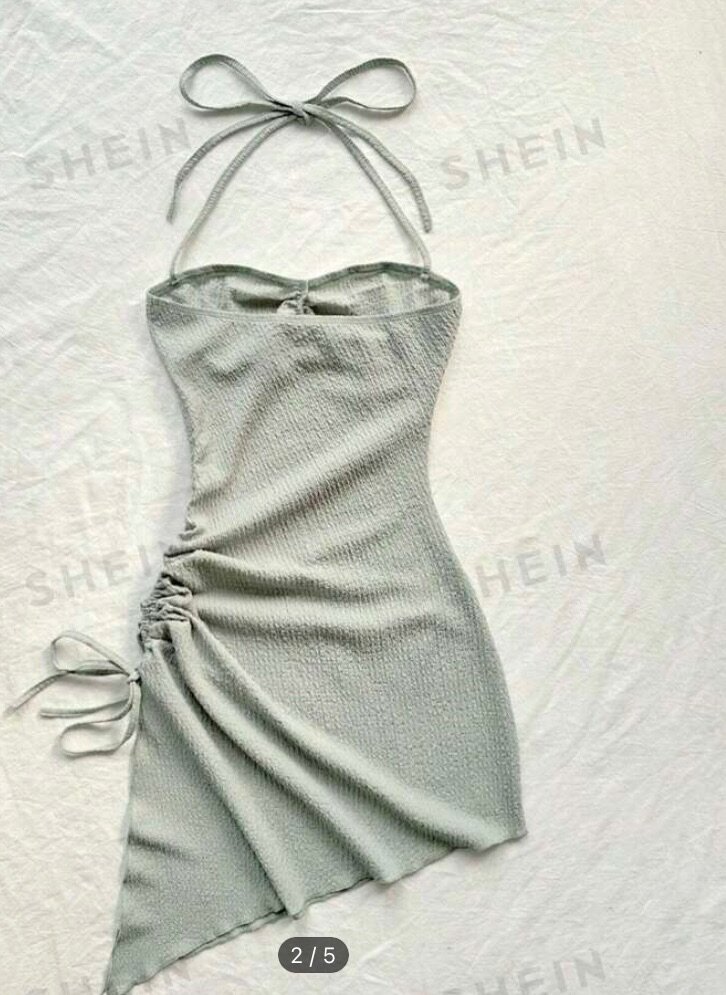 Halter Neck Drawstring Texture Asymmetrical Hem Dress