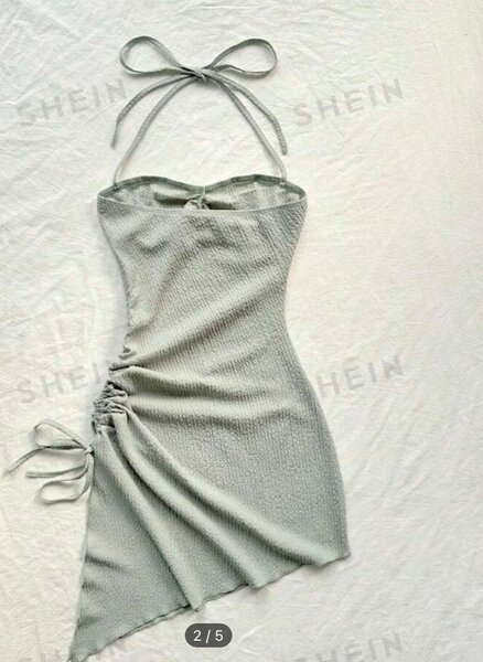 Halter Neck Drawstring Texture Asymmetrical Hem Dress