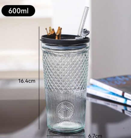 Gold Crown-Top Glass Tumbler with Straw Lid and Reusable Glass Straw