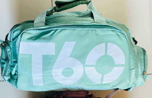 T6O sports travel bag, turquoise, with print and side pockets