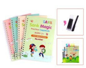 SANK Montessori Reusable Magic Book 4Magic Books + 1Magic Pen + 10Refills + 1Grip Children's Calligraphy Copybook Magic Writing Calligraphy Handwriting Copybook Set