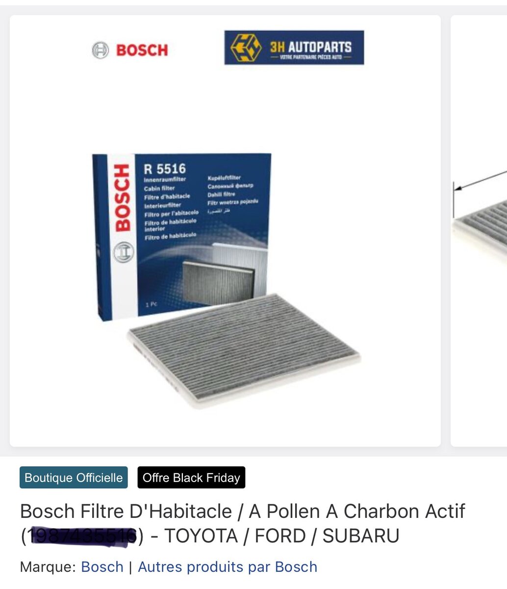 Bosch Filtre Habitacle Charbon Actif