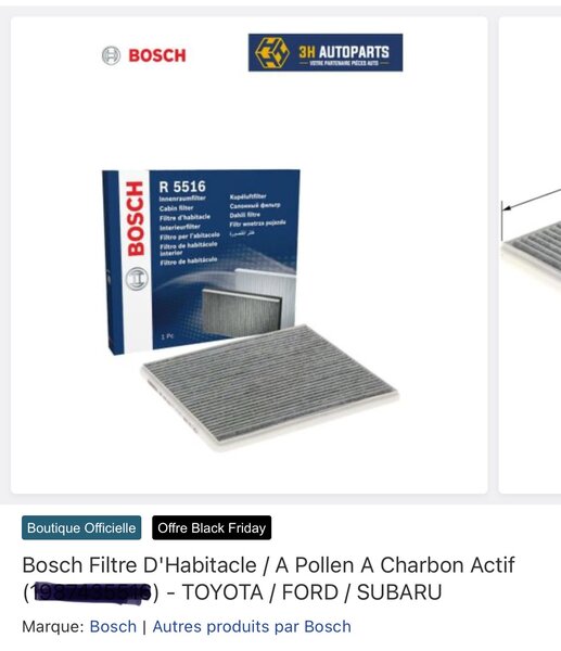 Bosch Filtre Habitacle Charbon Actif