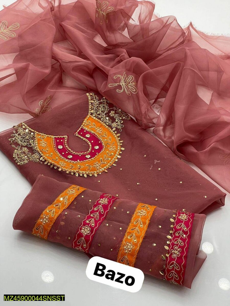 2 Pcs women unstitched organza Embroidered Suit