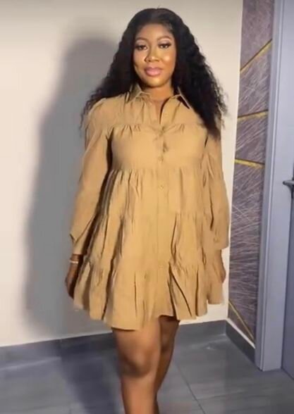 Dress, mini length, long sleeve, beige.