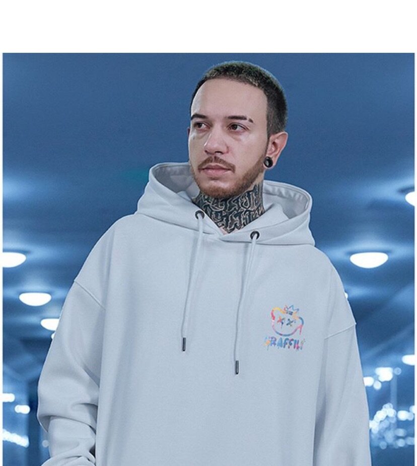 High Street Graffiti Bear Print Men's Fleece Hoodie Retro Au