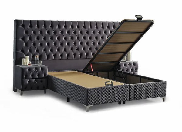 Lit gris avec coffre capitonné