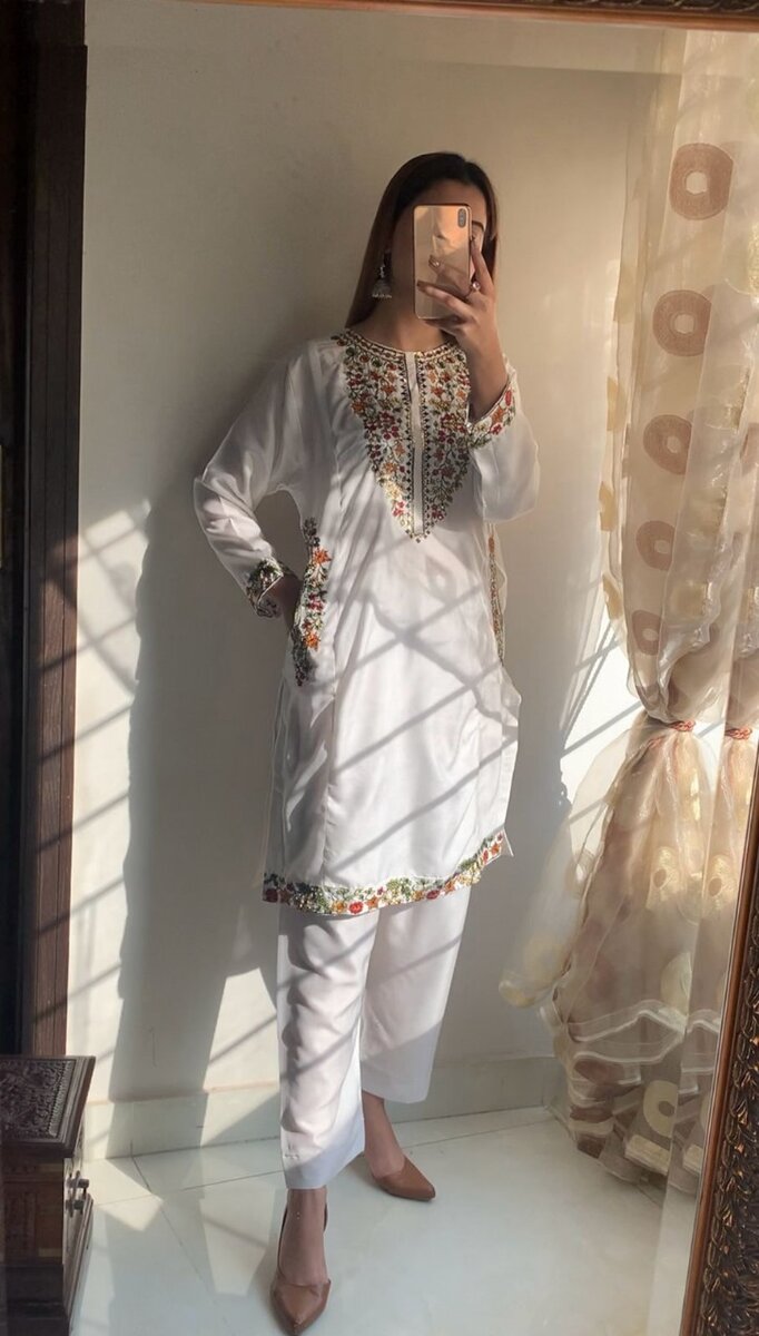 White Pocket Embroided 2pc Dress