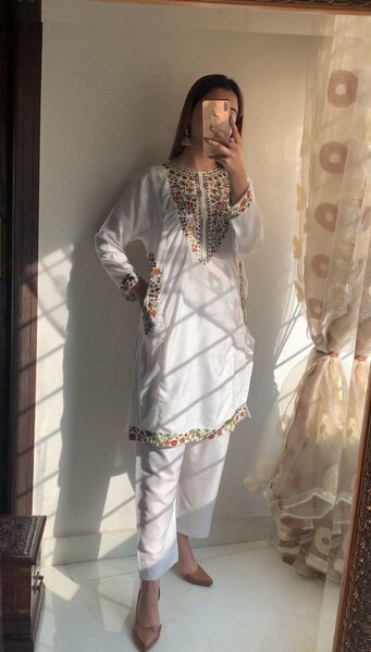 White Pocket Embroided 2pc Dress
