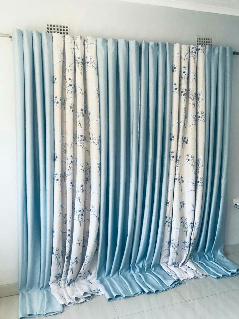 2 drops of curtains blue and white with patterns