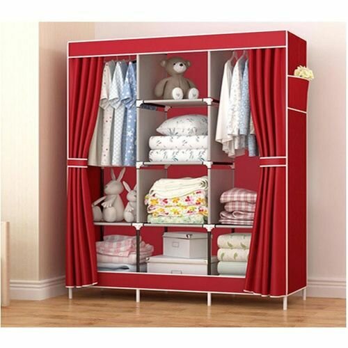 Placard Armoire Démontable 10 Compartiments Avec Housse 3 Battants 130-14A - Rouge Bordeaux