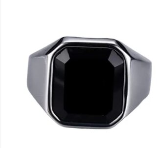 High Polished With Square Black Stone Stainless Steel Silver Ring