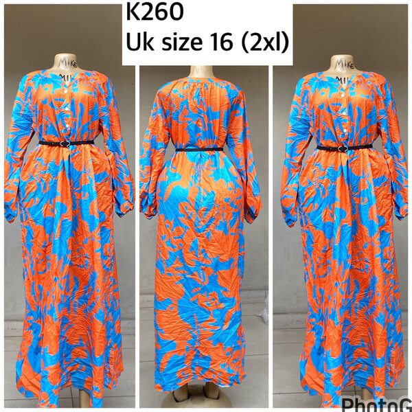 blue dress with orange pattern