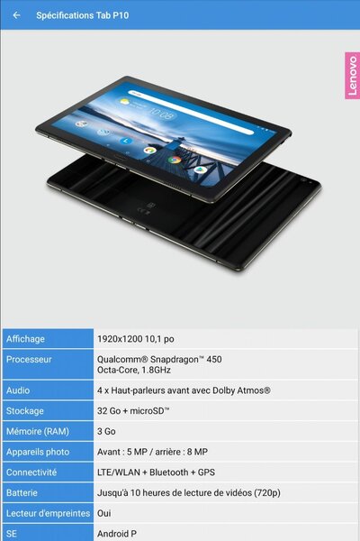 Tablette Lenovo Tab P10 10.1"