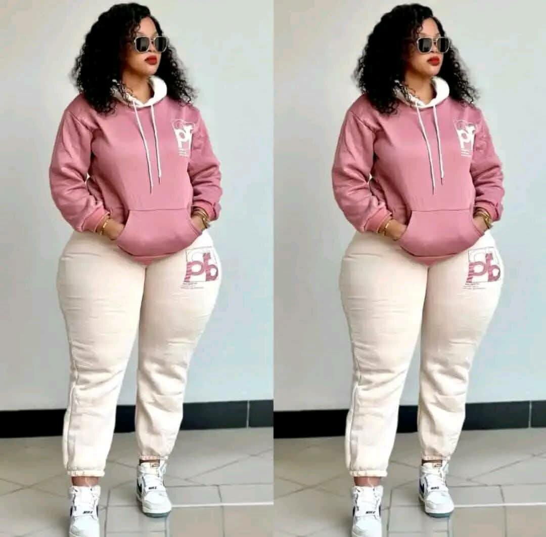 Tracksuit, pink sweatshirt, light trousers