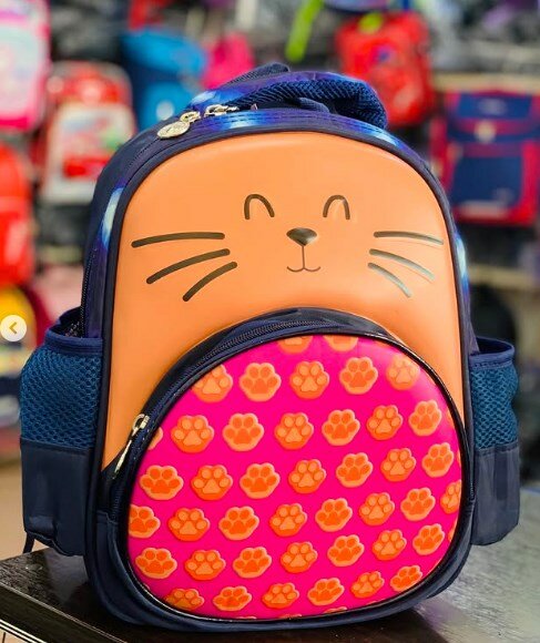 Backpack blue-pink-orange with a cat