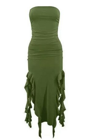 Asymmetrical dress, deep cutouts on the sides at the hem, green