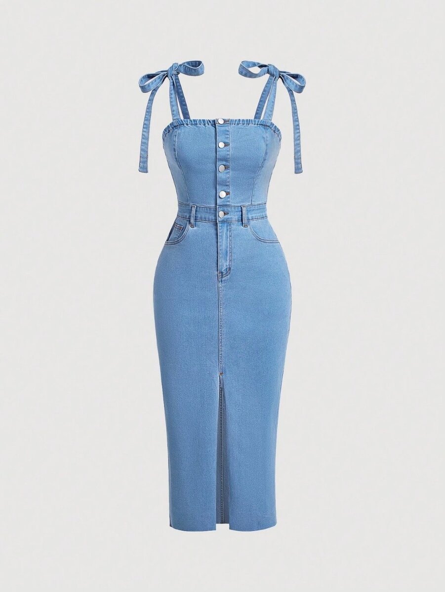 Womens casual denim dress with shoulder tie