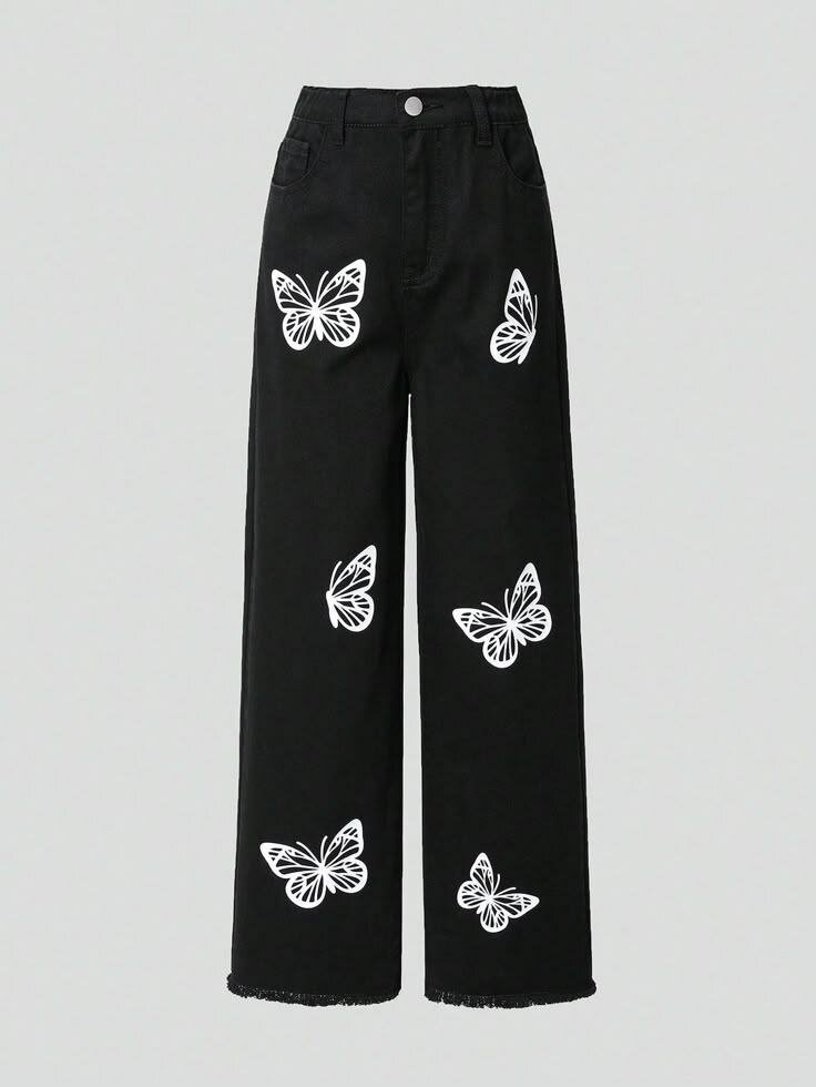 Pantalon femme noir motifs papillons