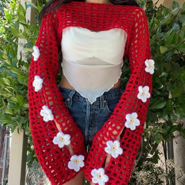 Cardigan crochet rouge floral