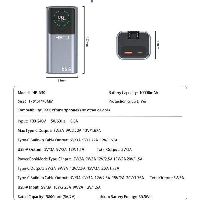 Power Bank HEPU 65W 10000mAh