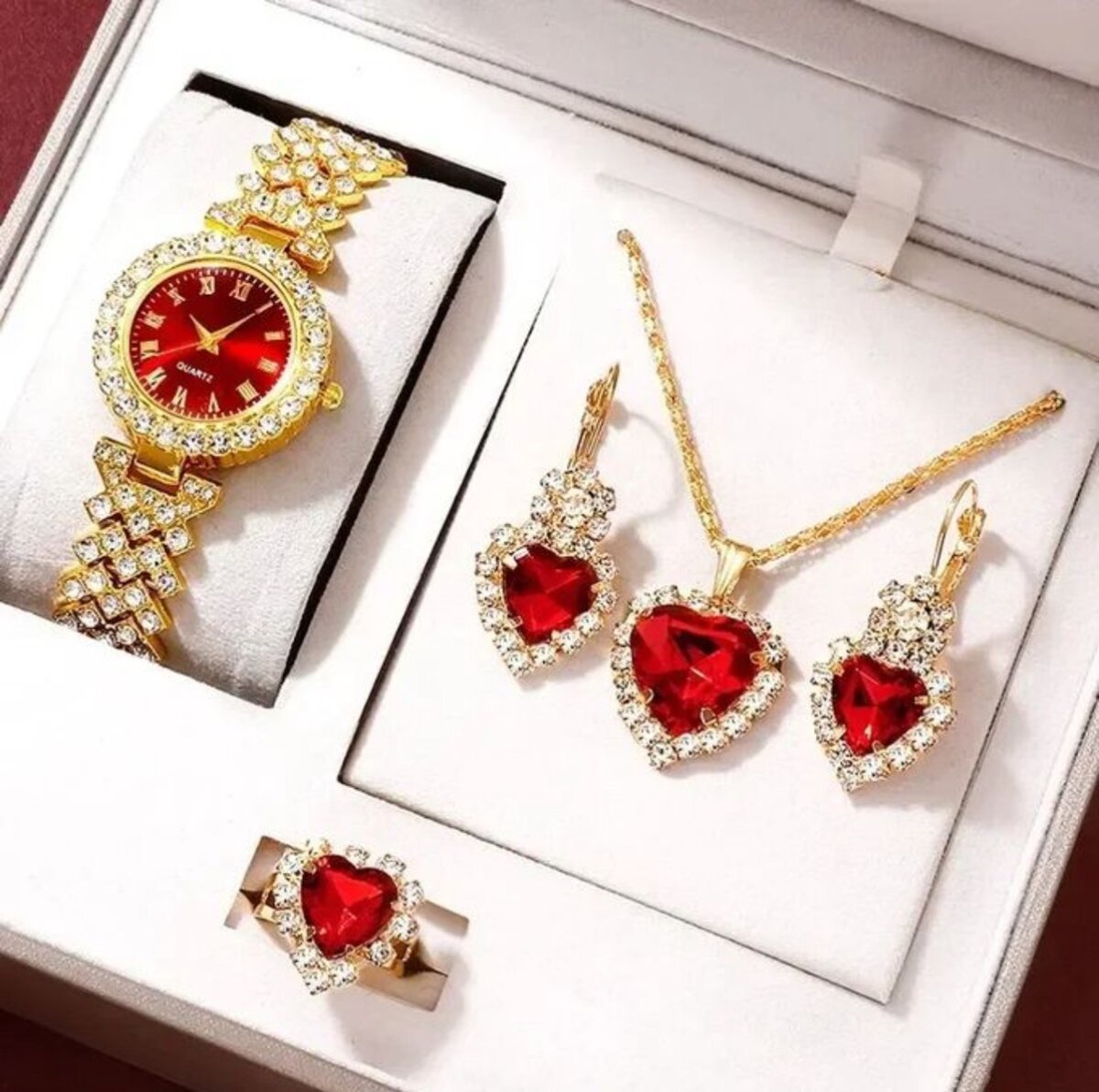 Golden Luxury Watch Women Ring Necklace Earring Rhinestone