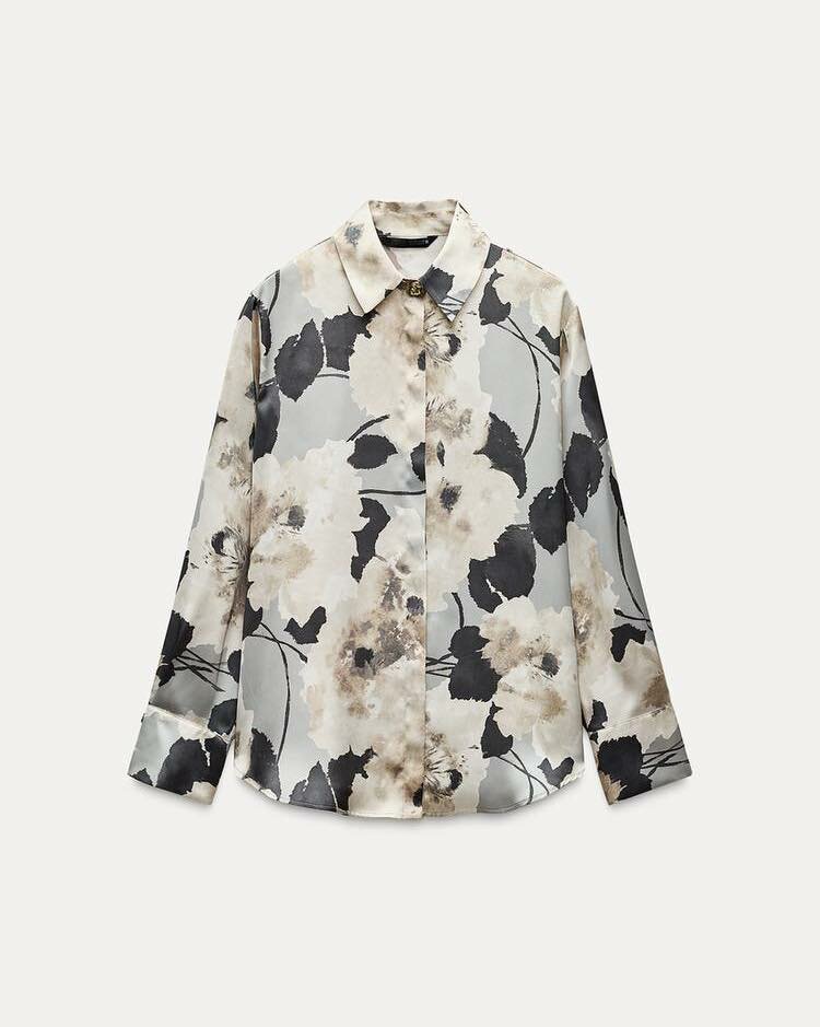 Zara Satin Printed Shirt in Grey & Tan 