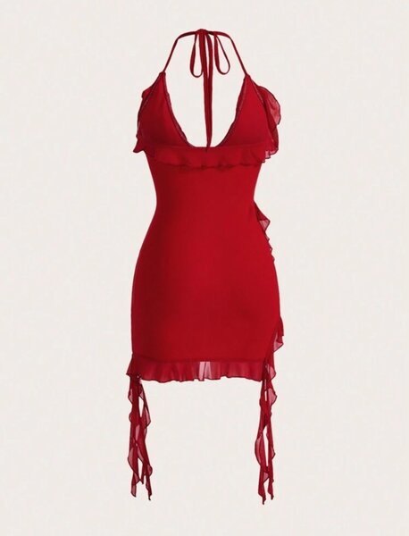 Robe moulante rouge à volants