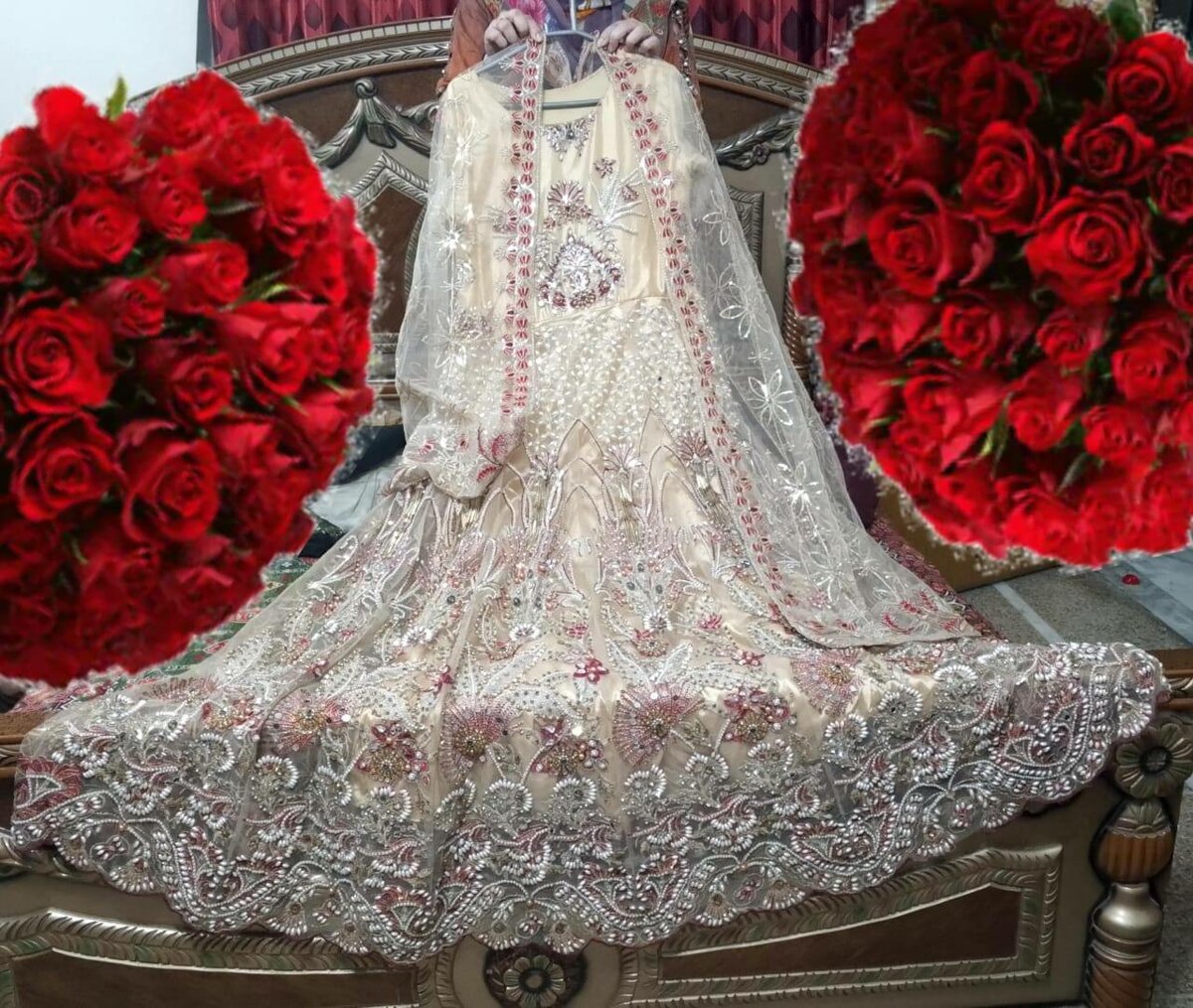Heavy stone work big flayer long maxi