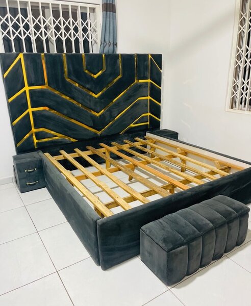 Queen size bed frame with two side cabinets  and storage out