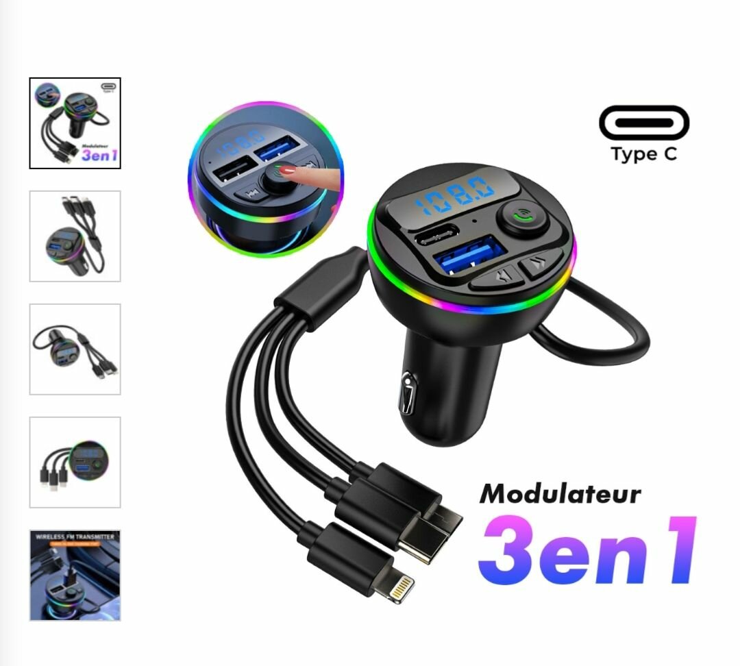 Modulateur FM Bluetooth 3 en 1
