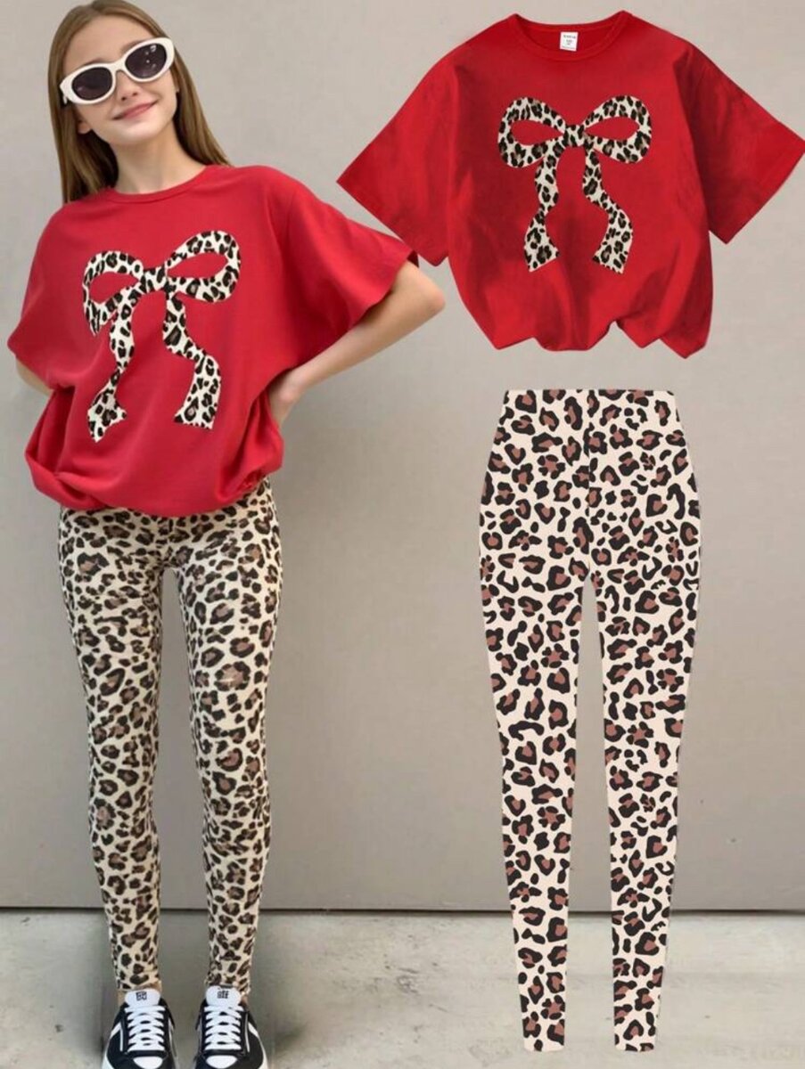Ensemble fille rouge et léopard