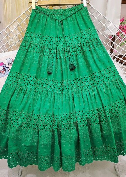 Chic green embroidered tasseled hollow out cotton
