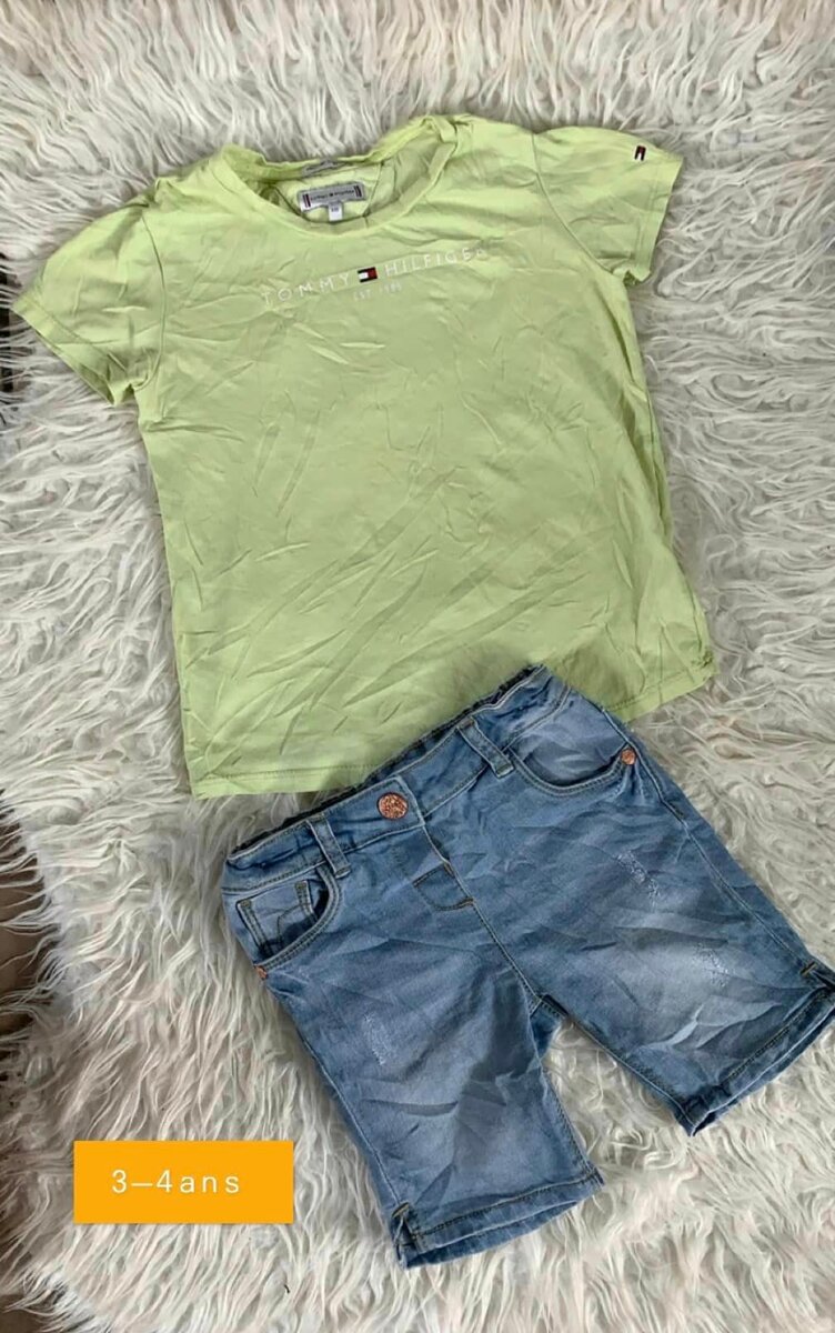 Ensemble pour garçon, T-shirt vert et short en jean