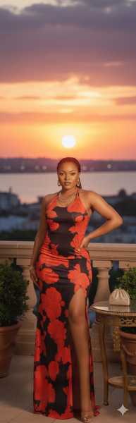 Robe longue rouge fleurie