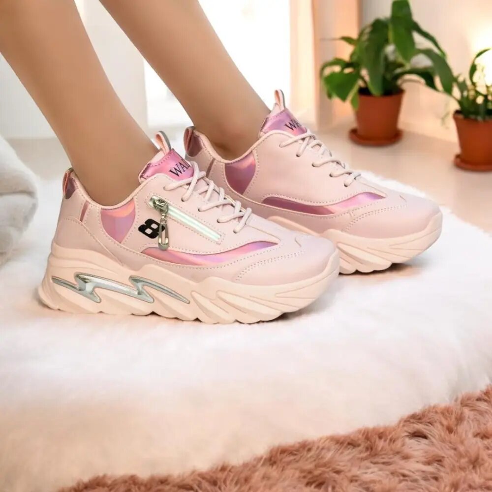 Women Pink Sneakers - Thick Sole with Zip Style