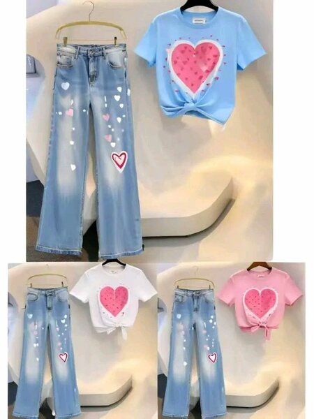 Ensemble fille jeans et tee-shirt coeur