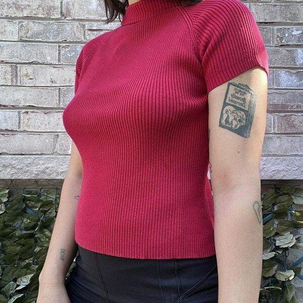 Red Ribbed Short Sleeve Turtleneck Top