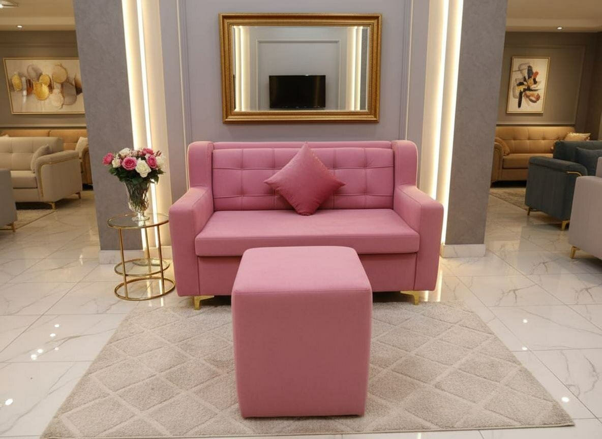 Canapé Capitonnée rose +poofs