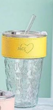 Only Mine Embossed Glass Tumbler with Leather Band, Splash-Proof Lid and Reusable Glass Straw