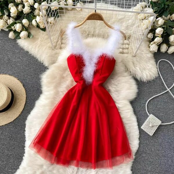 Red Furry Trim Mini Dress