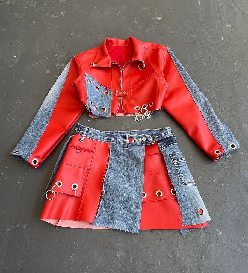 Customized thrifted jacket &skirt