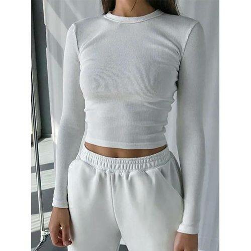 O Neck Long Sleeve Shirt Women Ribbed Sexy Cropped Tops 2025