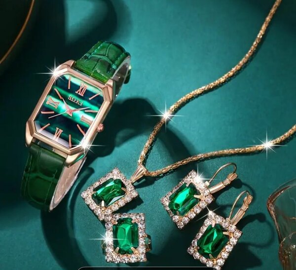 Set bijoux montre émeraude luxe