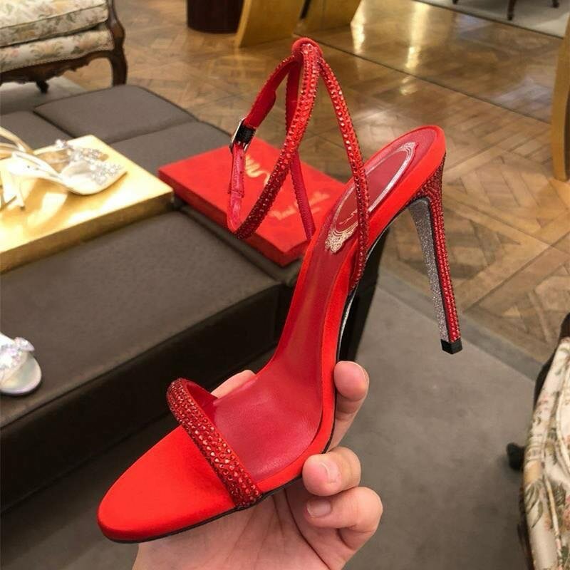 Rhinestone-Red ankle strap heel