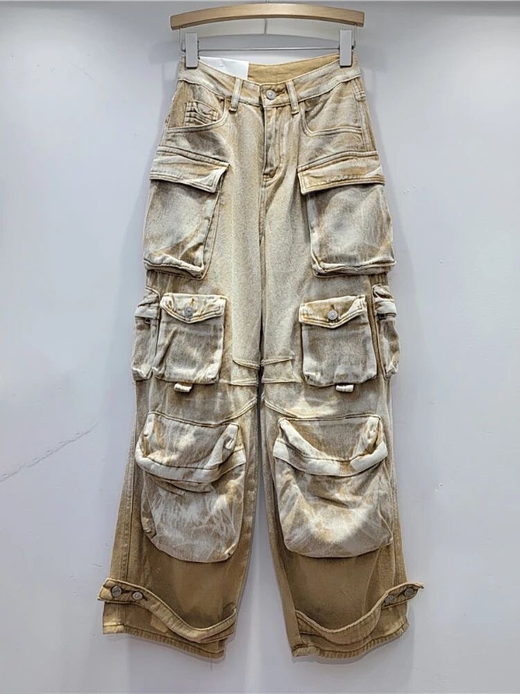 Linda Women's Jeans High Washed Khaki Gradient Multiple Pock