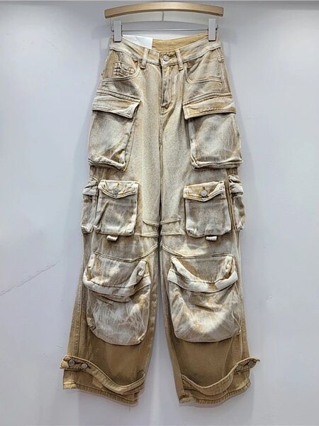 Linda Women's Jeans High Washed Khaki Gradient Multiple Pock