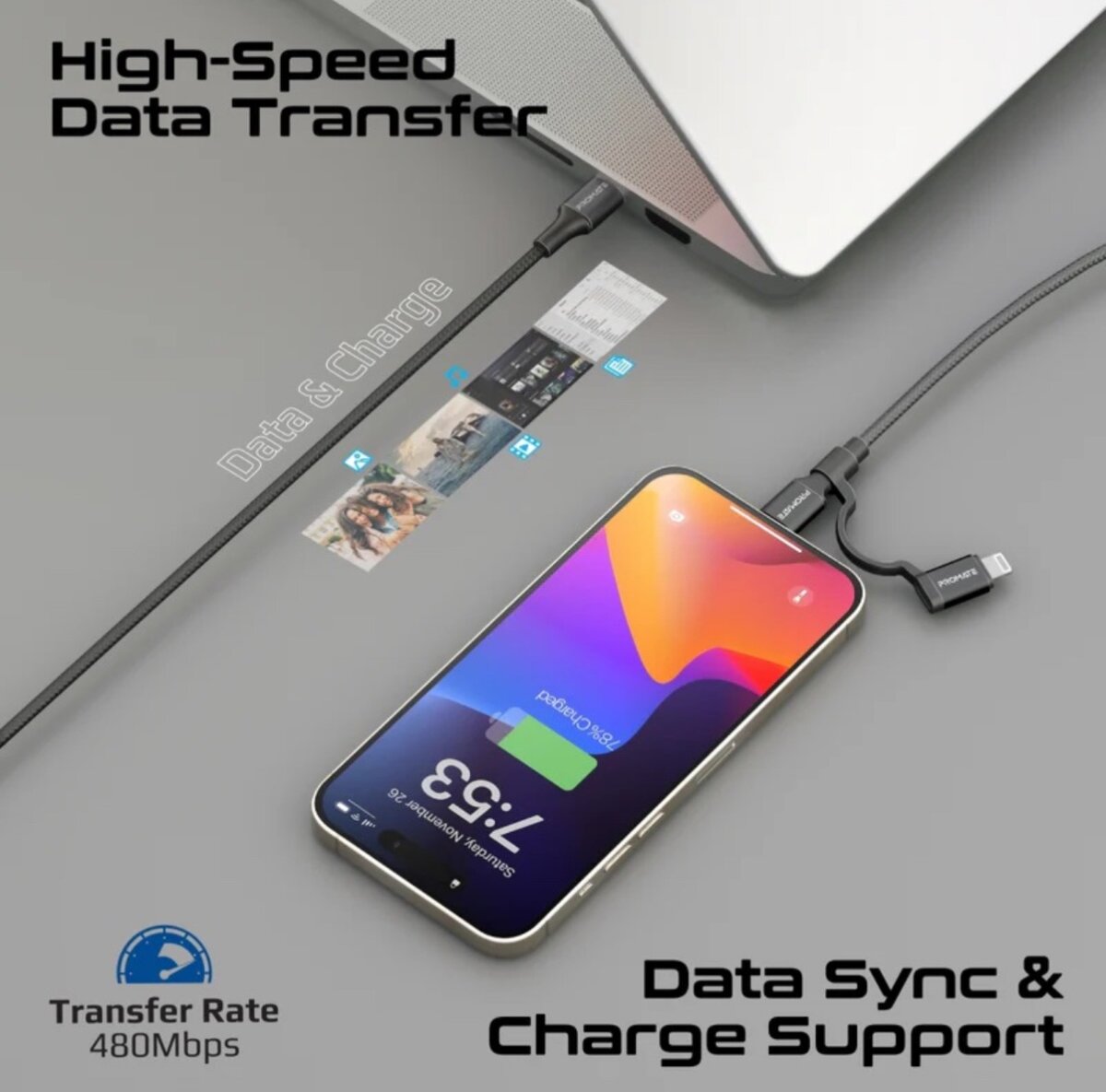 Promate 2-in-1 MFi USB-C to USB-C and Lightning cable