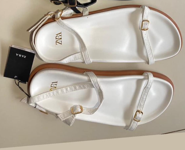 Zara Women's white Sandals with thin straps and Gold Buckles